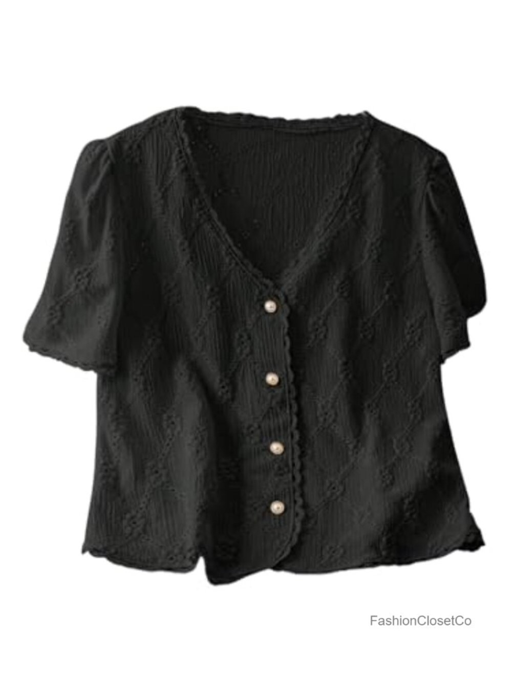Floral Embroidered V-Neck Puff Sleeve Button Up Blouse